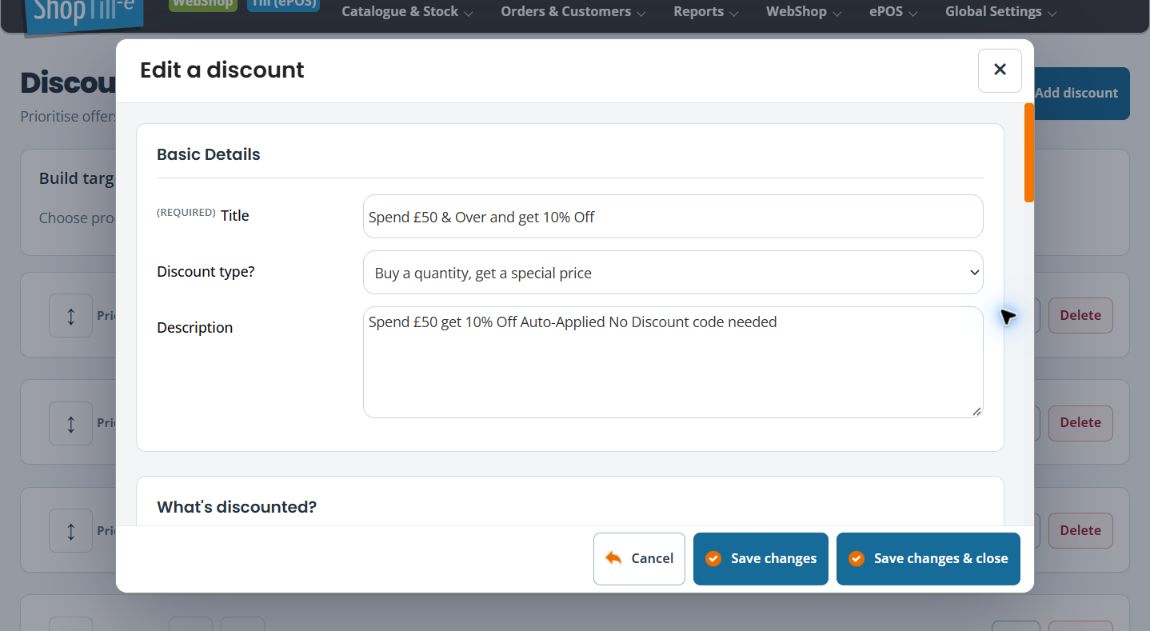 Discount editor showing its title, discount type and description fields