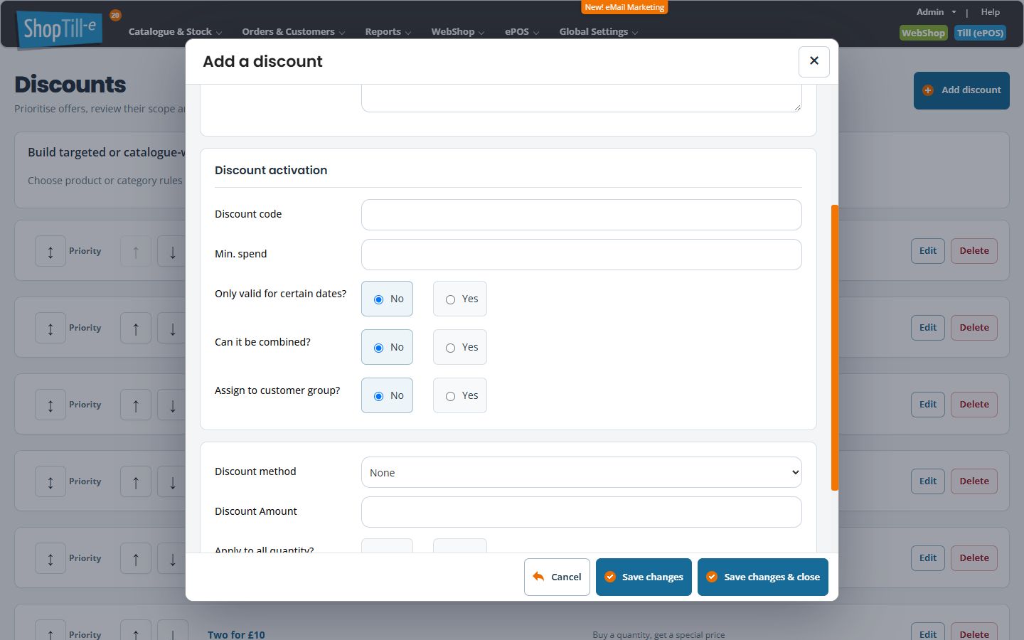 Spend-based discount activation section with Discount code, Min. spend, date and combination controls