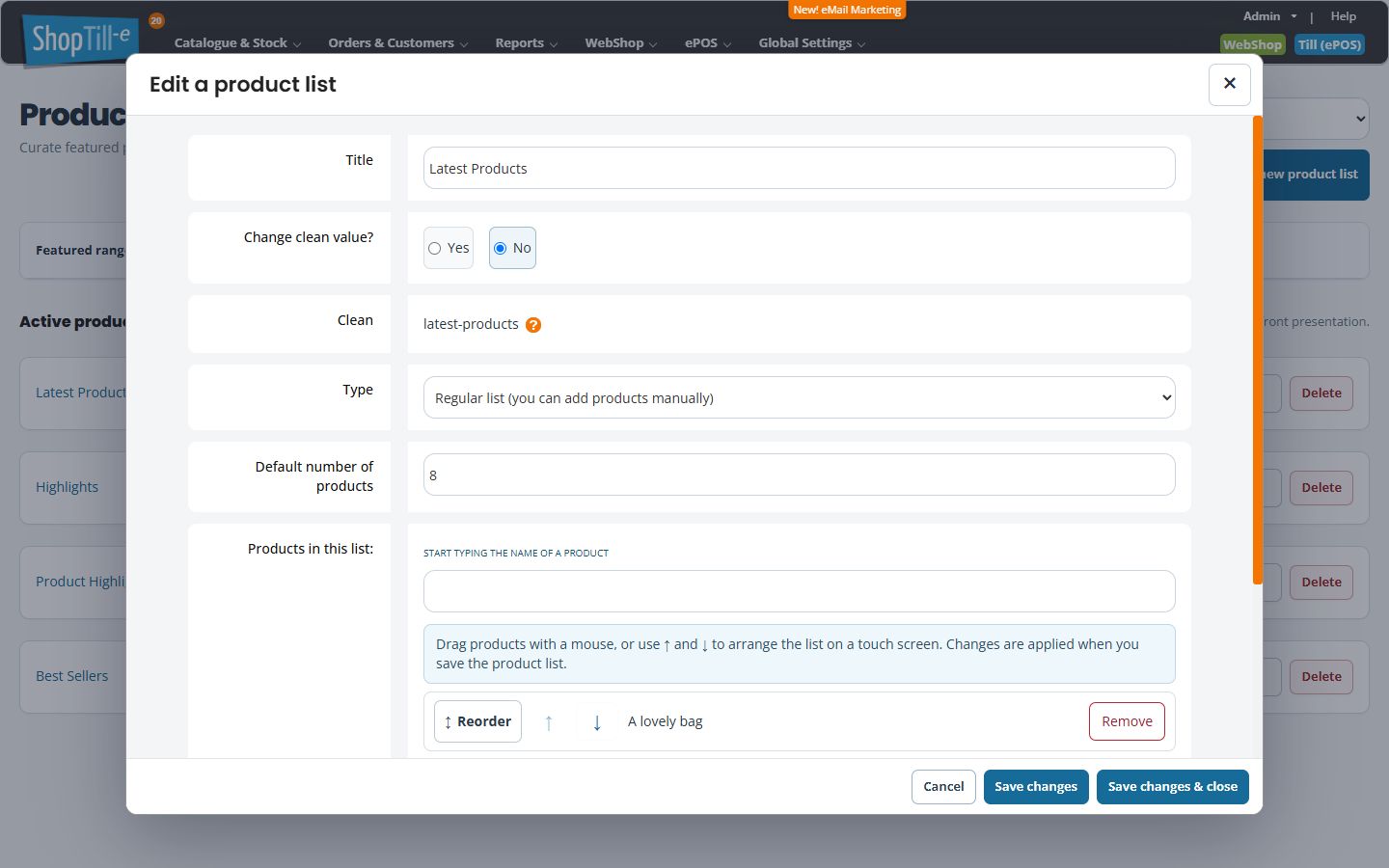 Product-list editor with title, clean identifier, regular/recent type and default number of products