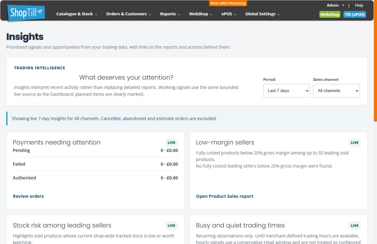 Insights period and channel filters with Live labels on payments and low-margin cards