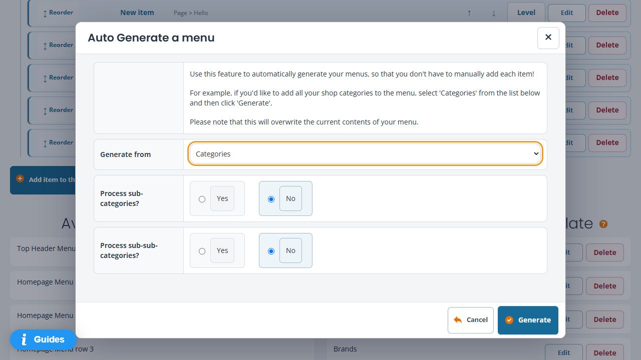 Menu-generation dialog showing the overwrite notice, Categories source, two separate depth choices and Cancel/Generate buttons