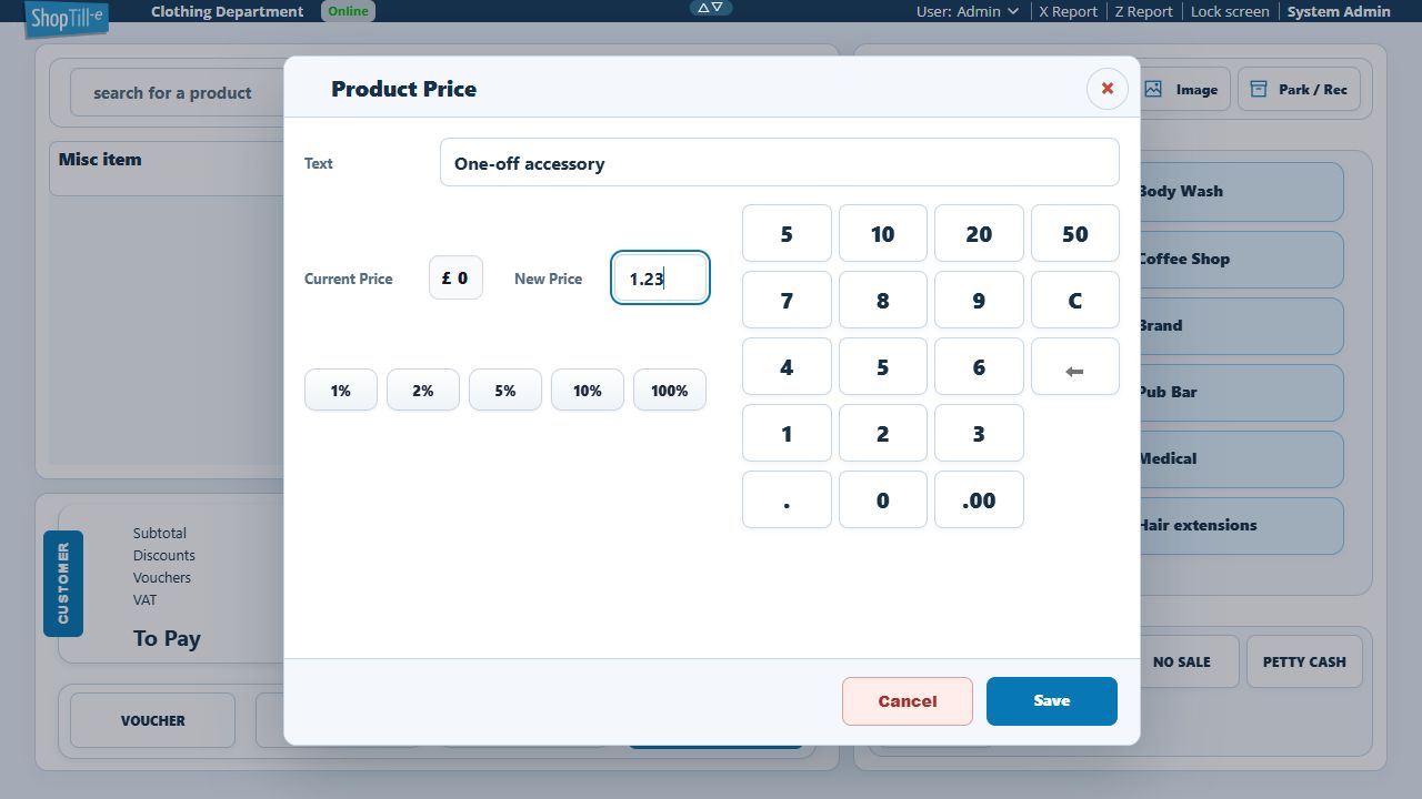 Product Price dialog for a miscellaneous item with a Text description and New Price of 1.23