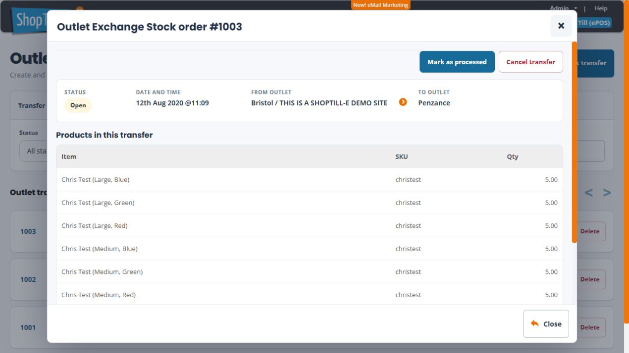 Saved Open transfer 1003 showing its source and destination, variant rows, Mark as processed and Cancel transfer