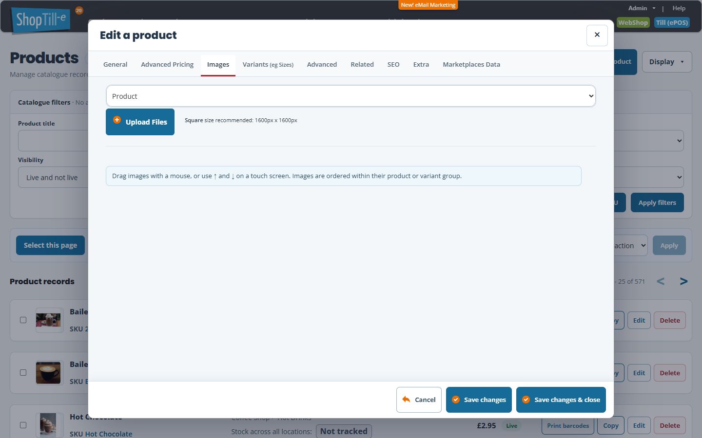 Product Images tab with group selector, Upload Files button and recommended square dimensions
