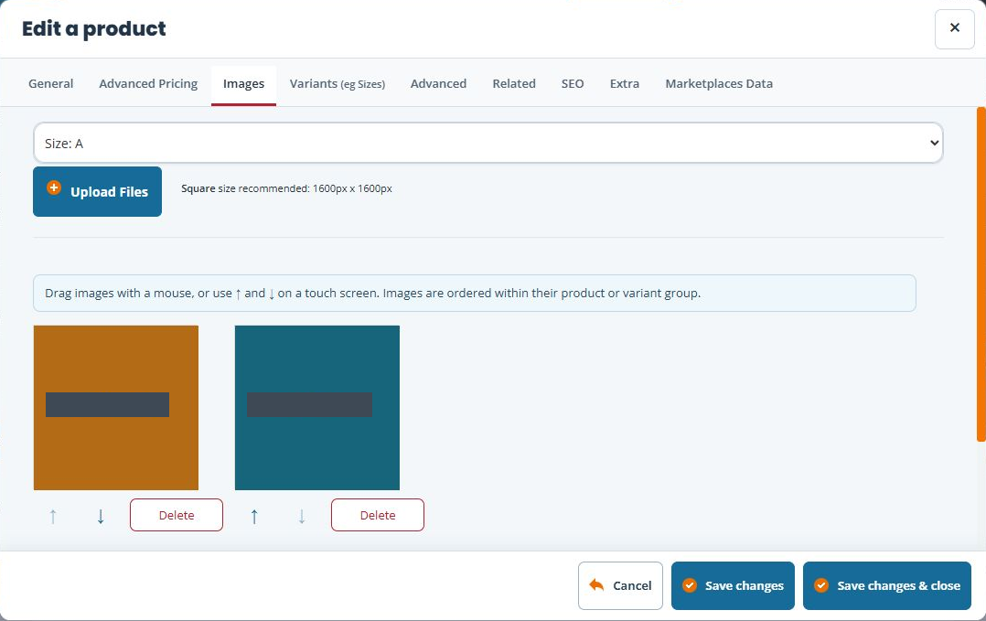 Images tab with Size A selected in the upload group selector and both existing Product images still visible