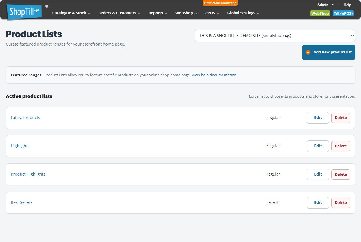 Product Lists page with Storefront, Add new product list and existing lists showing regular or recent types