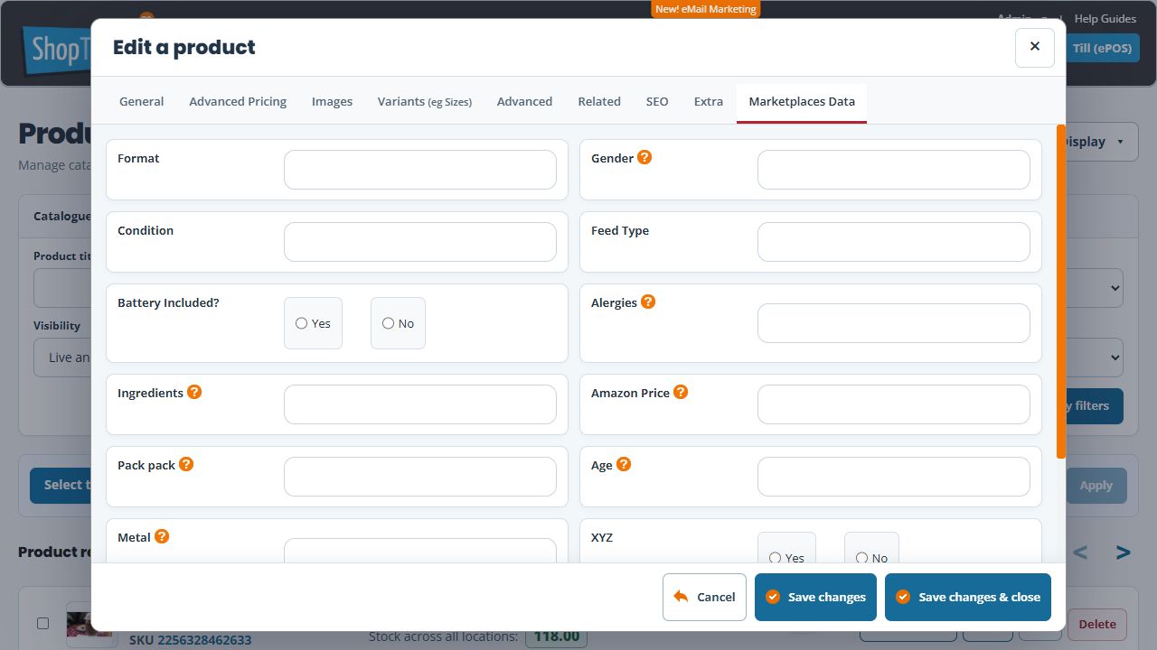 Product editor Marketplaces Data tab showing example text attributes, Yes and No choices, and separate Save changes actions