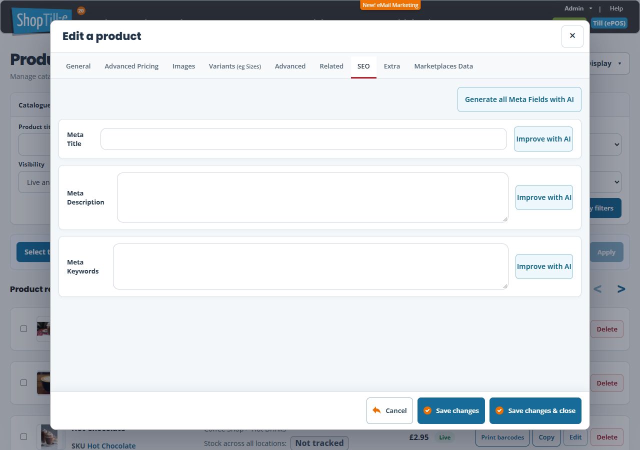 Desktop product editor SEO tab showing Meta Title, Meta Description and Meta Keywords, AI writing controls, Cancel and separate save actions