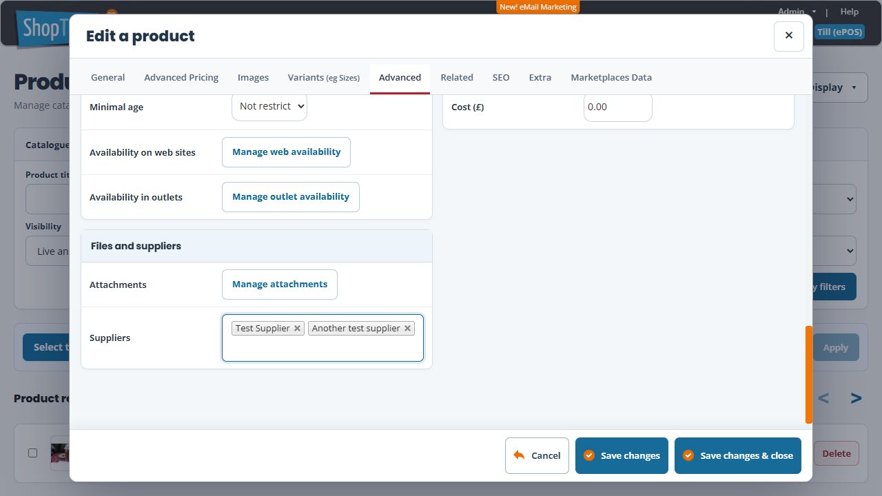 Product editor Advanced tab showing Test Supplier and Another test supplier selected in Files and suppliers, each with a remove control