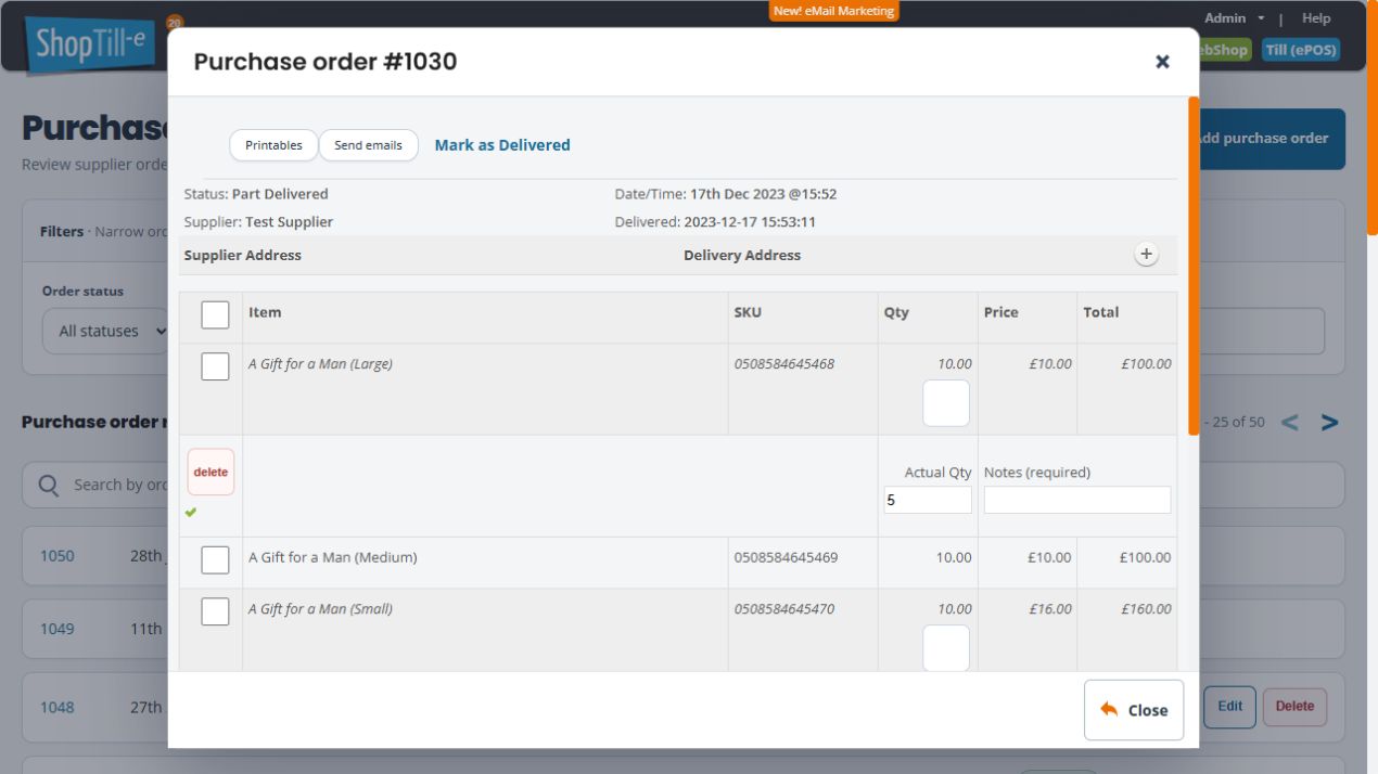 Purchase order quantity editor showing ordered Qty 10, Actual Qty 5 and Notes required, with supplier address details collapsed