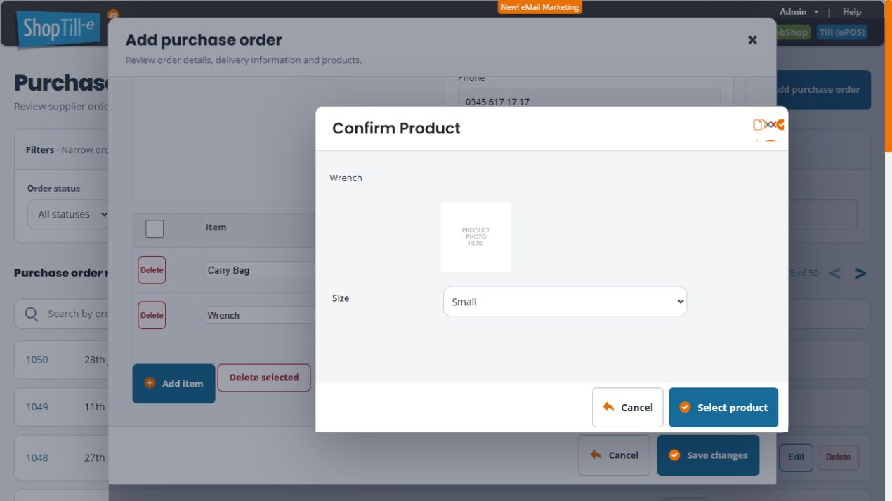 Confirm Product dialog for Wrench with Size Small selected and the Select product action