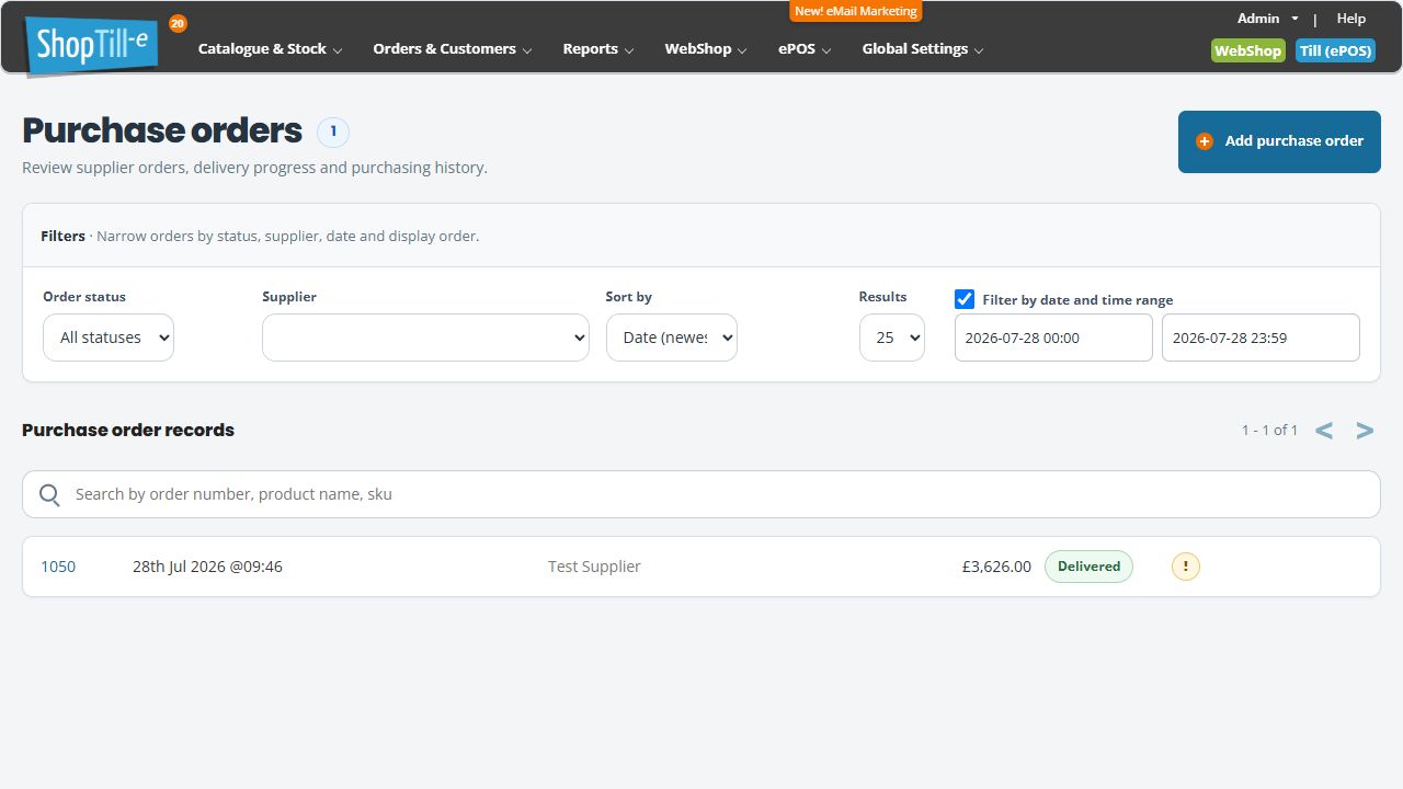 Purchase orders filtered from 2026-07-28 00:00 to 2026-07-28 23:59 with one matching order