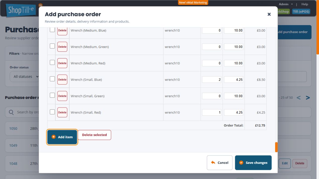 Unsaved purchase-order rows showing Small Blue quantity 2 at 4.25 with total 8.50, Small Red quantity 1 at 4.25 with total 4.25, and order total 12.75