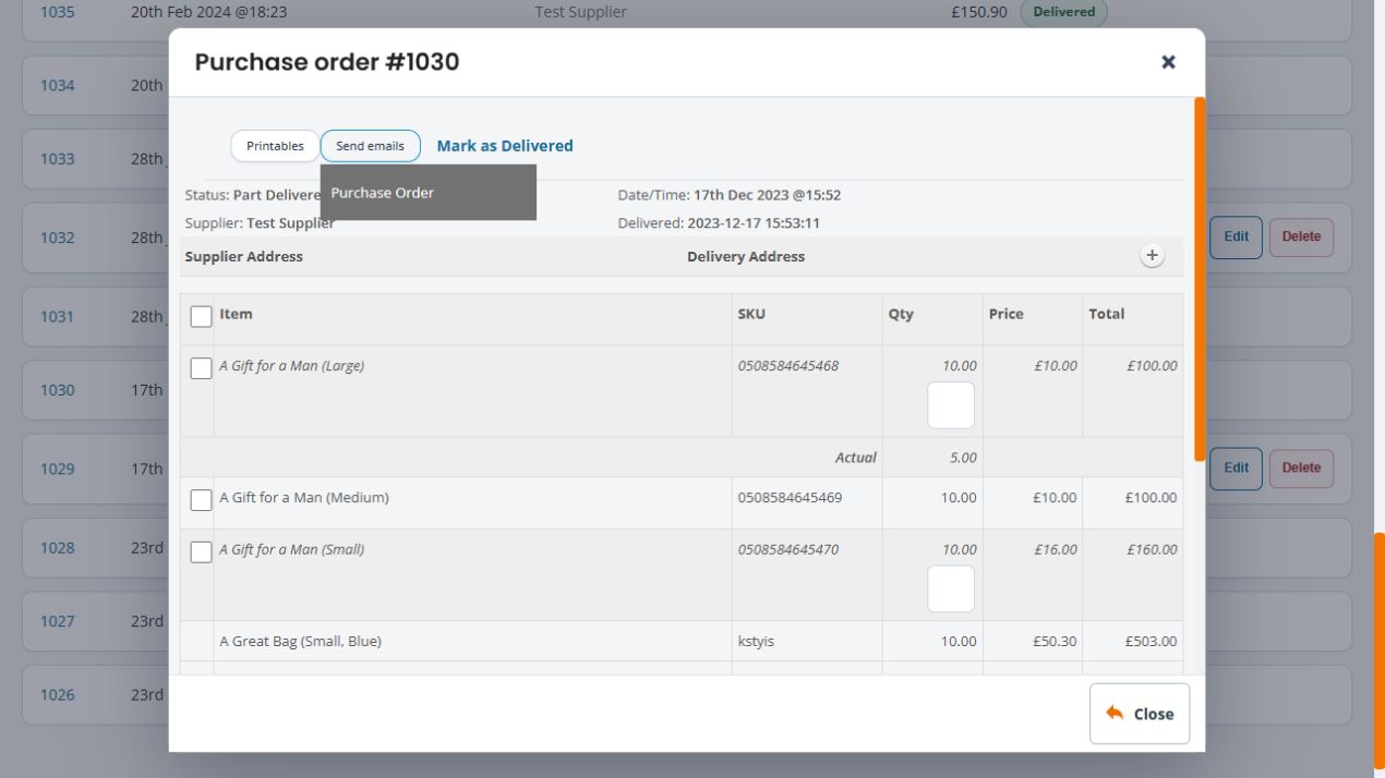 Saved purchase order with Send emails expanded to show Purchase Order and supplier details collapsed