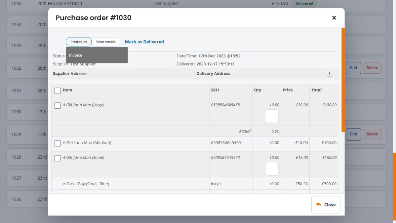 Saved purchase order with Printables expanded to show Invoice and supplier details collapsed