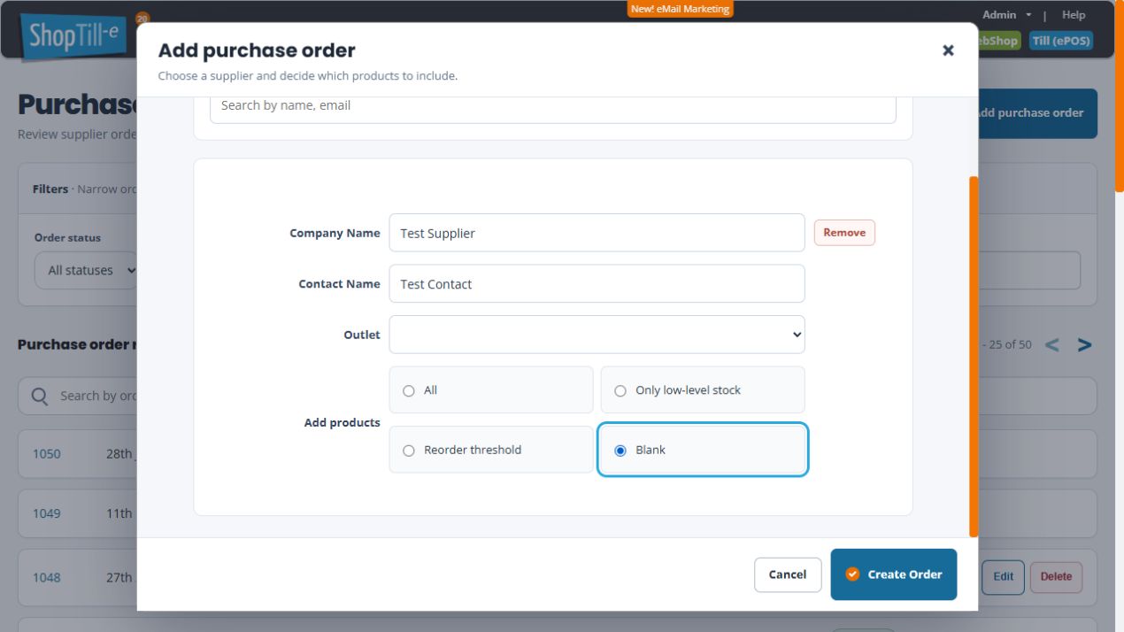 Add purchase order setup with Test Supplier and Test Contact selected, an outlet selector, and All, Only low-level stock, Reorder threshold and Blank choices