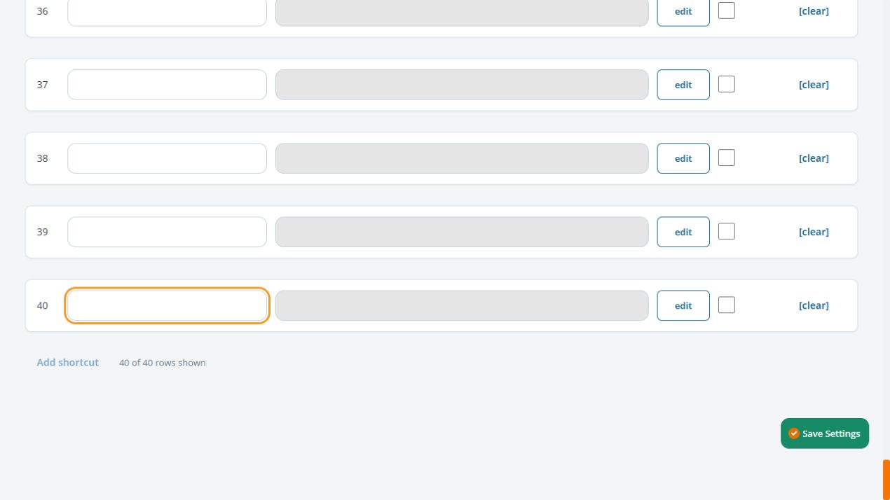 Quick Bar editor at row 40 with 40 of 40 rows shown and Add shortcut disabled