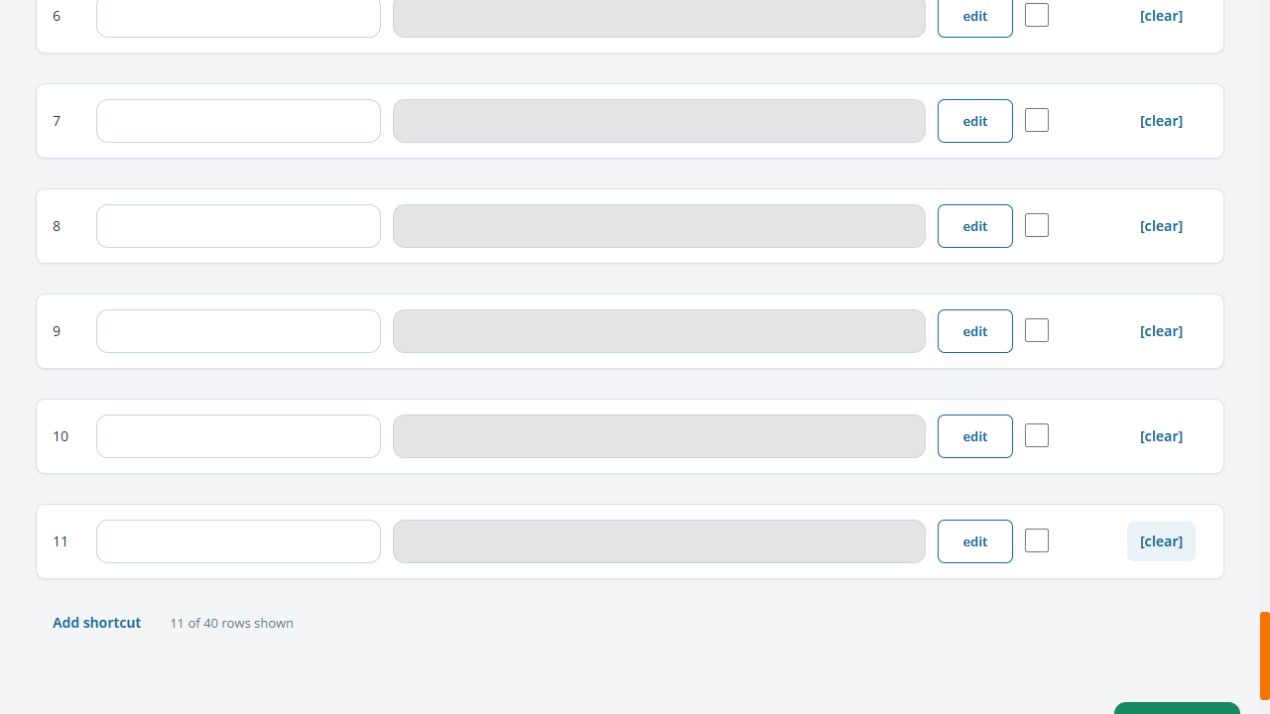 Quick Bar editor showing a newly revealed eleventh row and 11 of 40 rows shown