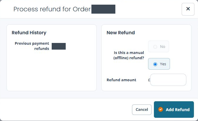 Untouched cash-order refund form with previous refunds zero, manual Yes selected, No disabled, empty refund amount and Cancel/Add Refund controls