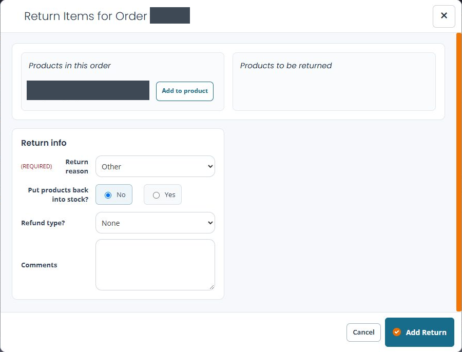 Unsubmitted Return Items form showing the original item, empty return selection, restock No, refund None, comments and Cancel/Add Return controls