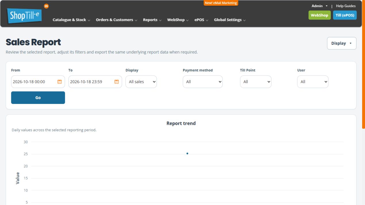 Sales Report result page showing From, To, Display, Payment method, Till Point, User and Go