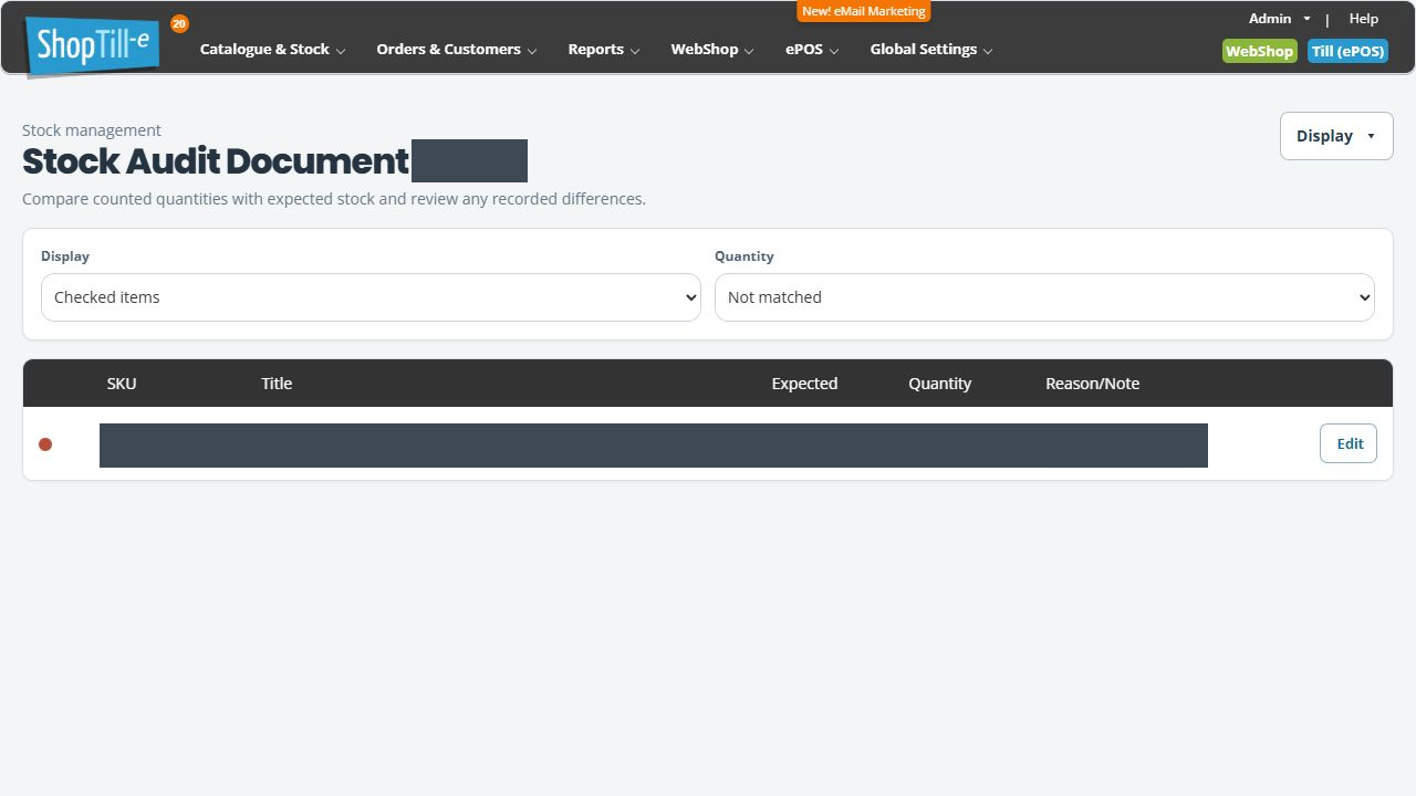 Stock audit report with Checked items and Not matched selected, showing expected 11 and counted quantity 10