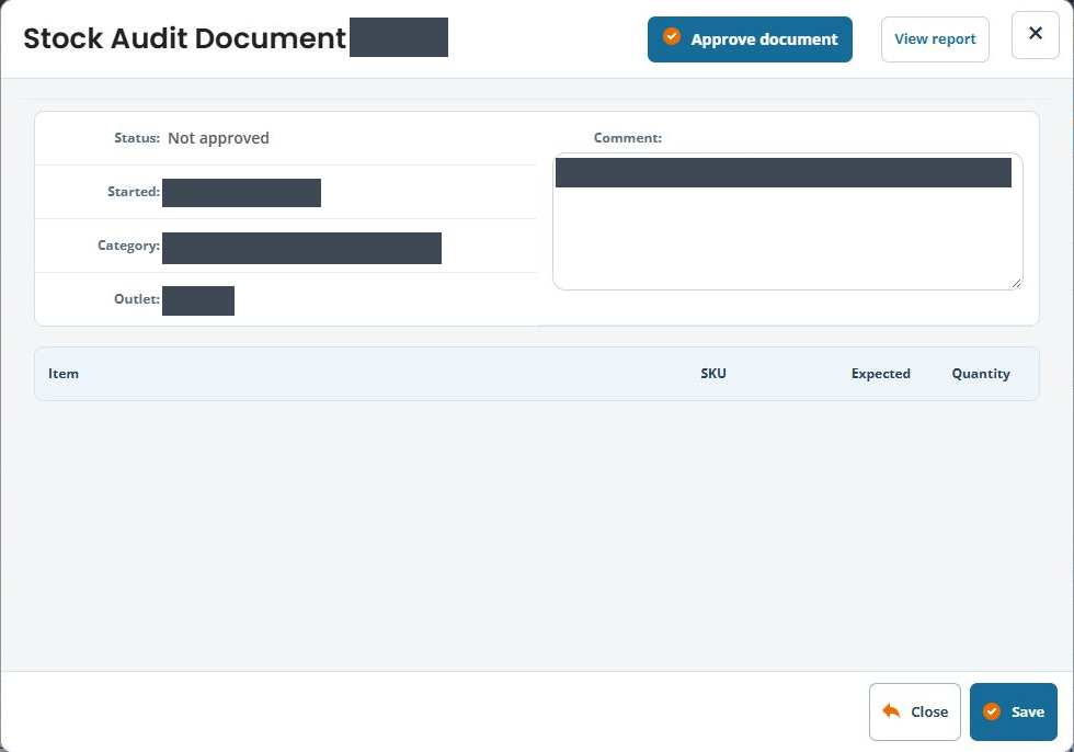 Saved Stock Audit Document showing Not approved, concealed comment and category details, and separate View report and Approve document actions