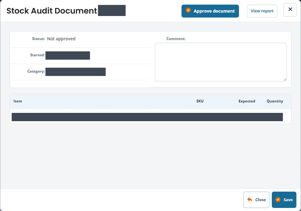 Stock Audit Document 1022 showing Not approved, its category and a counted product row