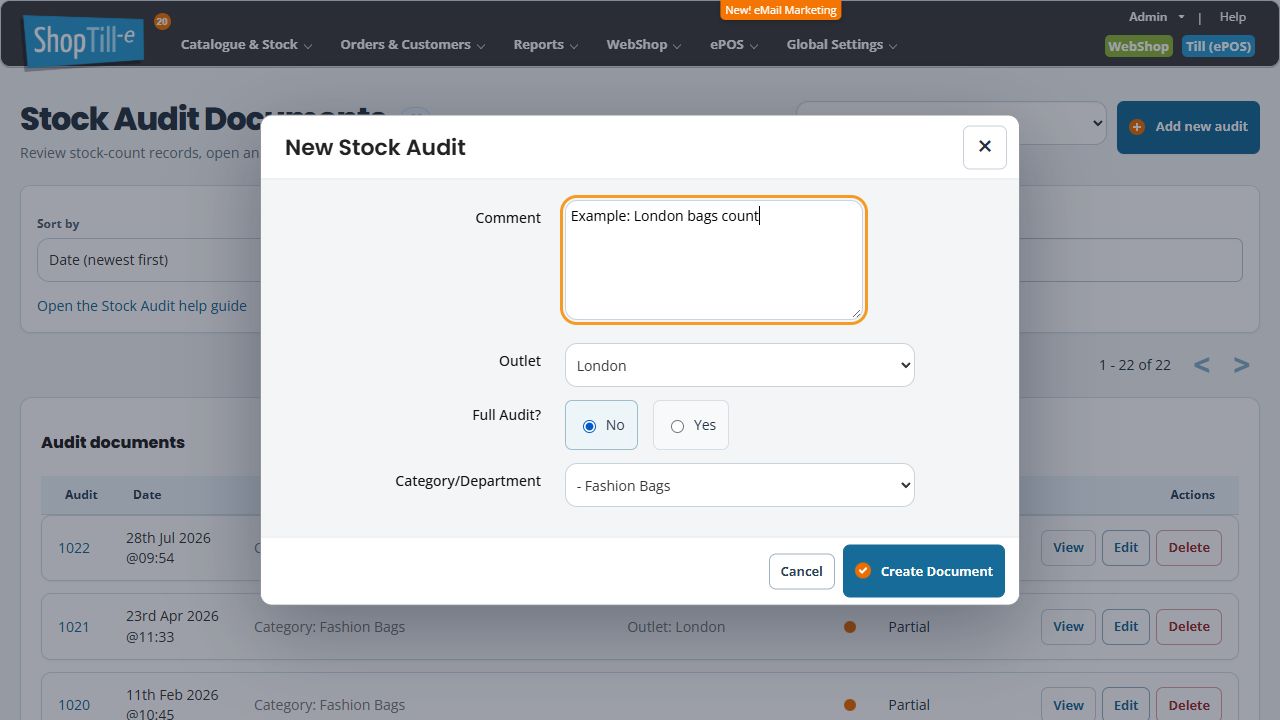 New Stock Audit form prepared with London, Full Audit No, Fashion Bags category and an example comment