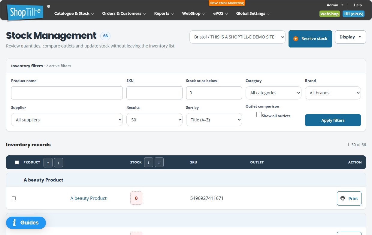 Stock Management showing inventory filters, row selection checkbox, SKU and individual Print action