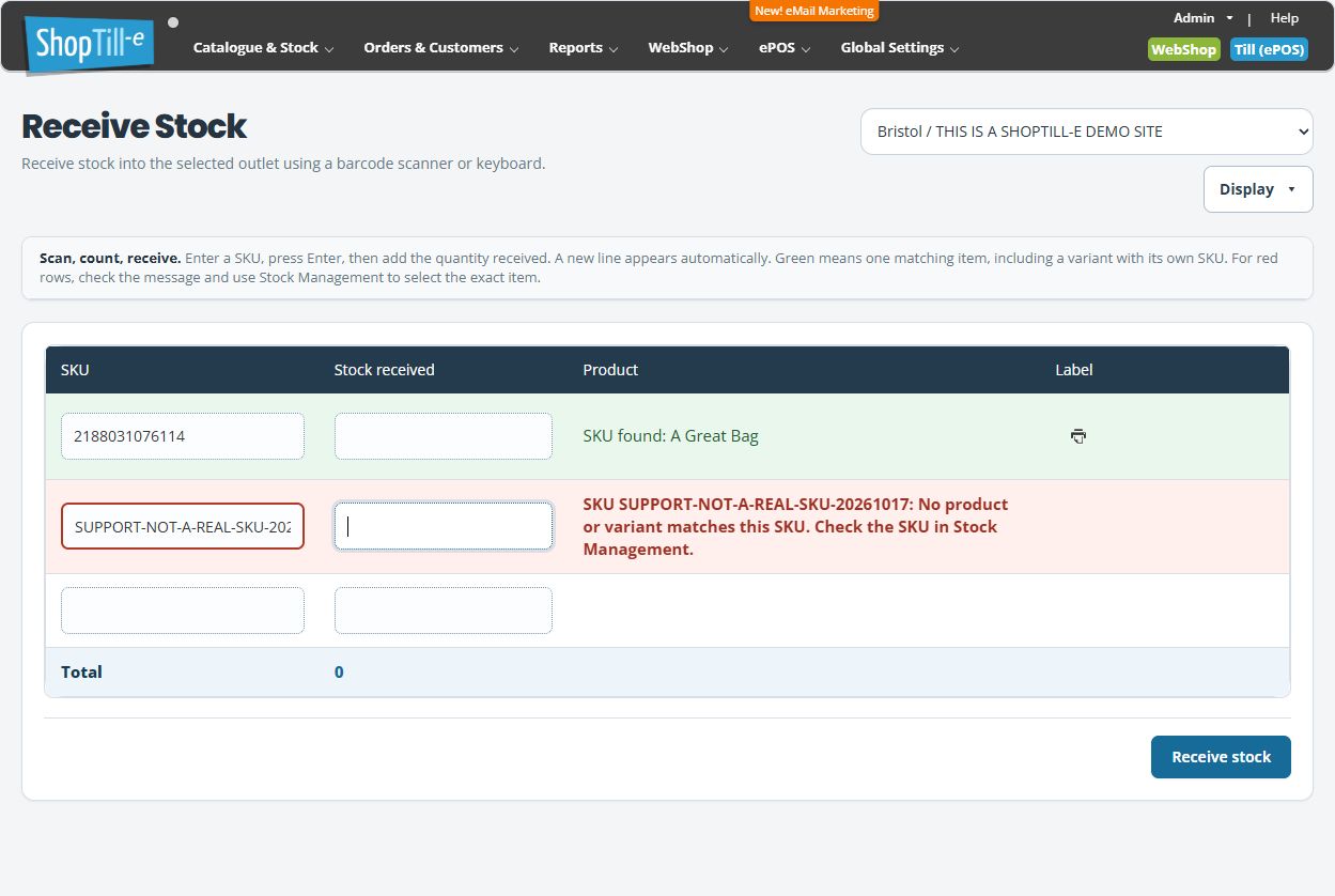Receive Stock showing a matched row and a red fictional unknown SKU message directing the user to Stock Management, with quantities empty