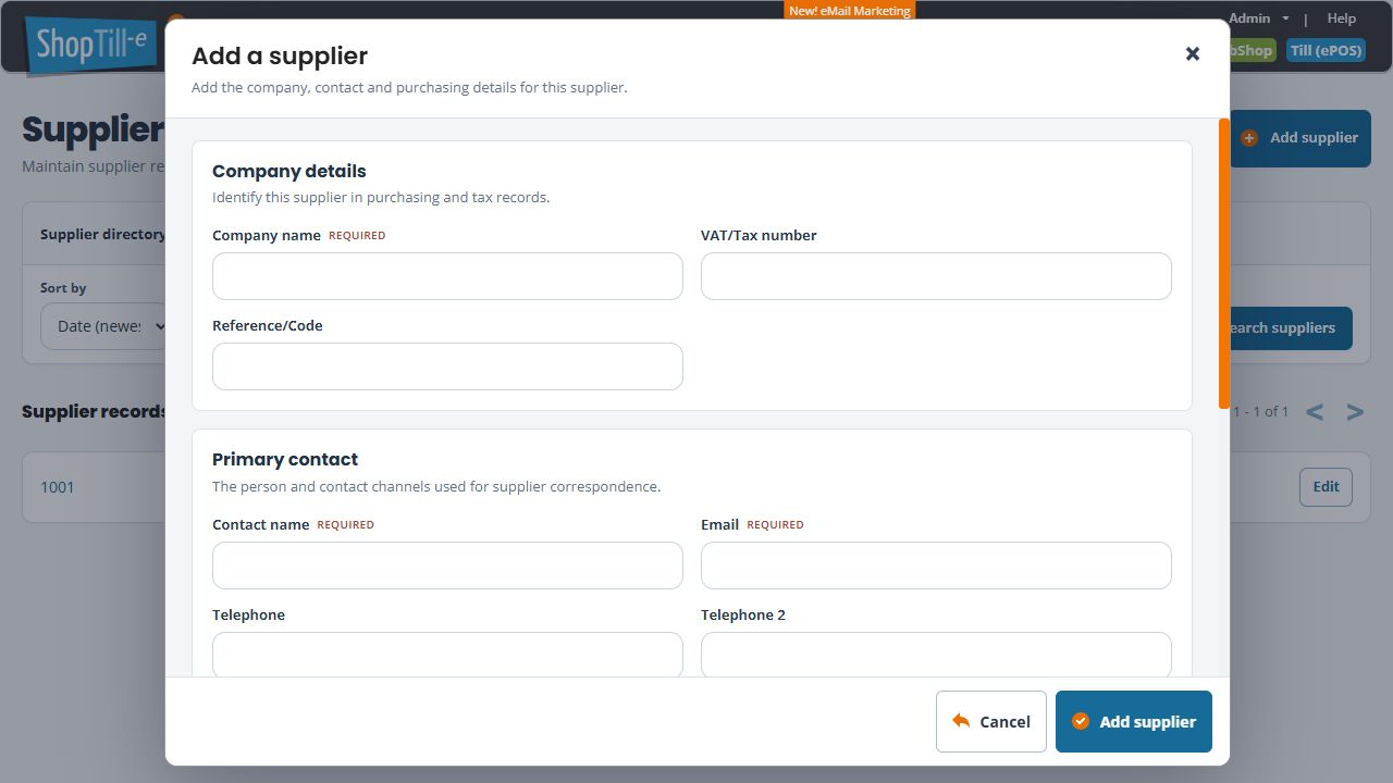Blank Add a supplier form with Company name, Contact name and Email marked Required, and an Add supplier button