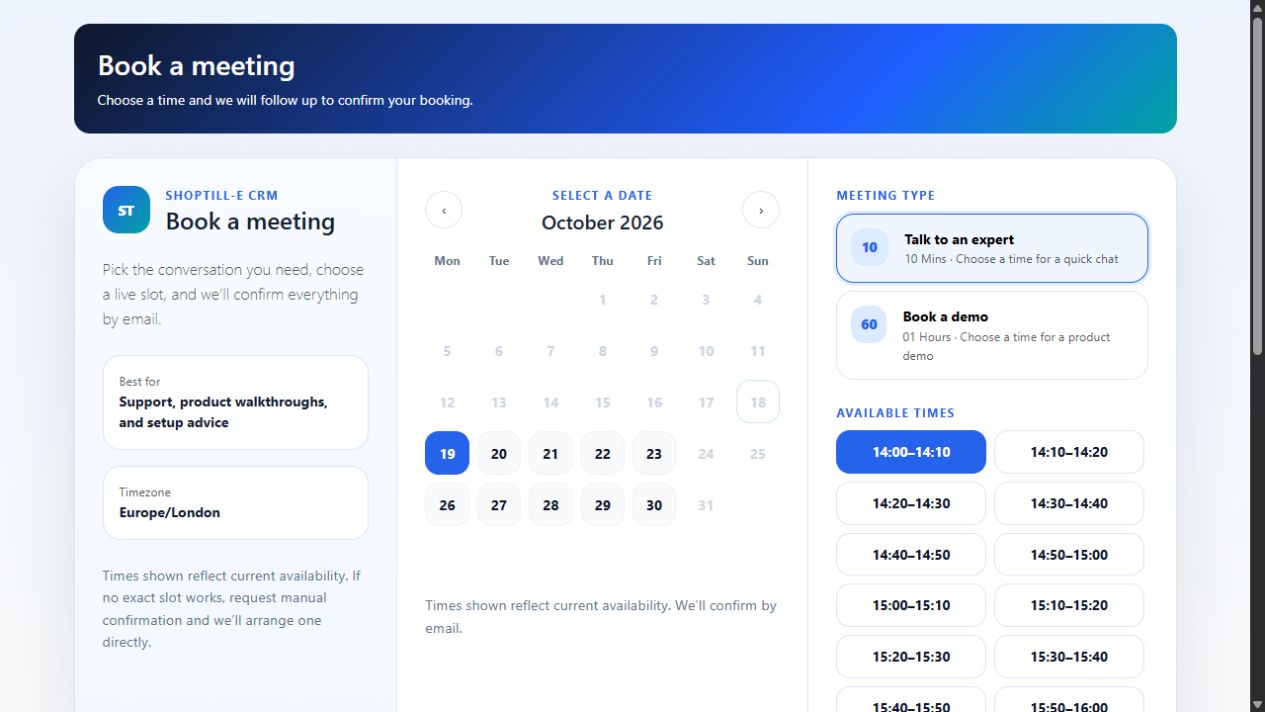Book a meeting page showing the calendar, displayed timezone, meeting-type choices and available times