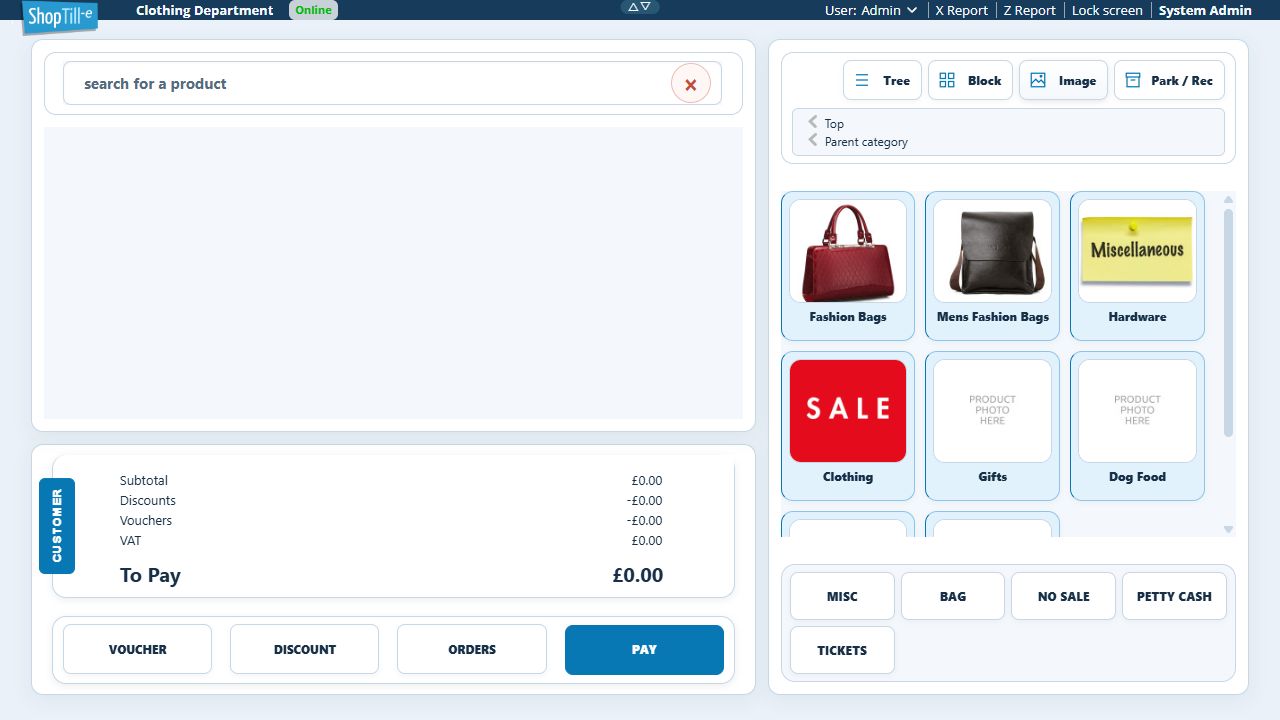 Image view inside Retail showing pictured Fashion Bags, Mens Fashion Bags, Hardware and Clothing categories beside Gifts and Dog Food placeholders