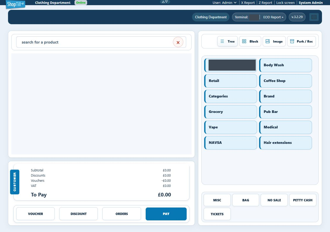 Desktop till with information header expanded and the Open customer display control