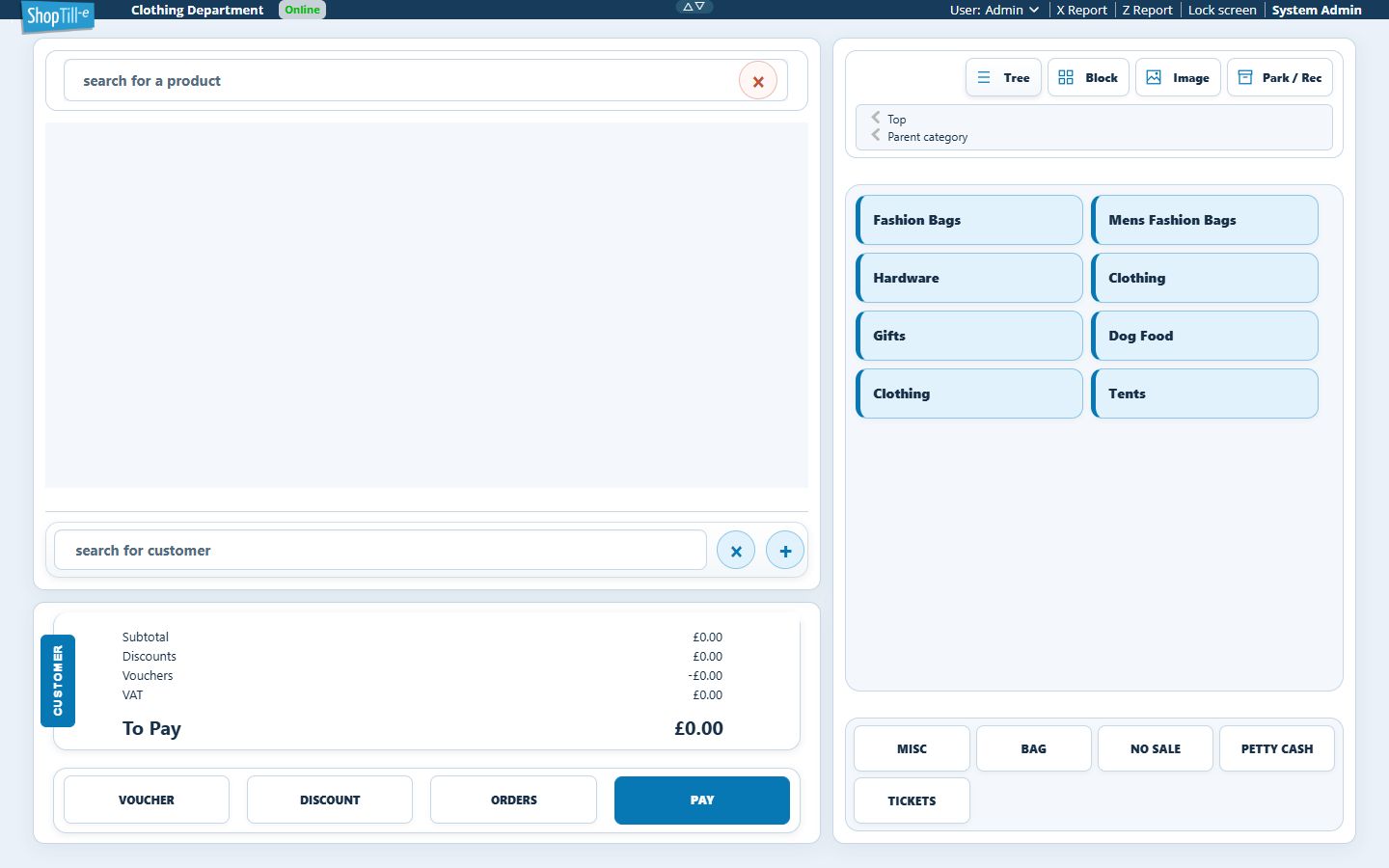 Expanded empty till customer search with remove and add controls, showing no customer contact details