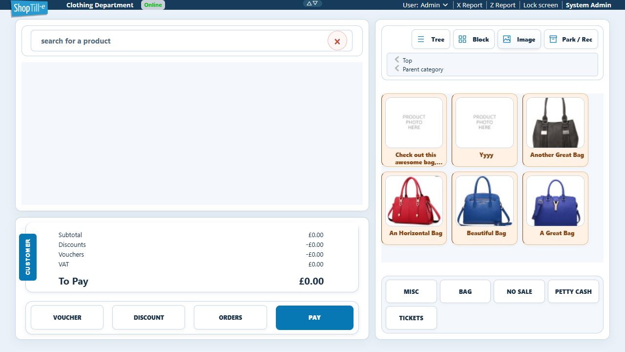 Image view of a bag category showing labelled product photographs and placeholders, with Top and Parent category controls and an empty basket