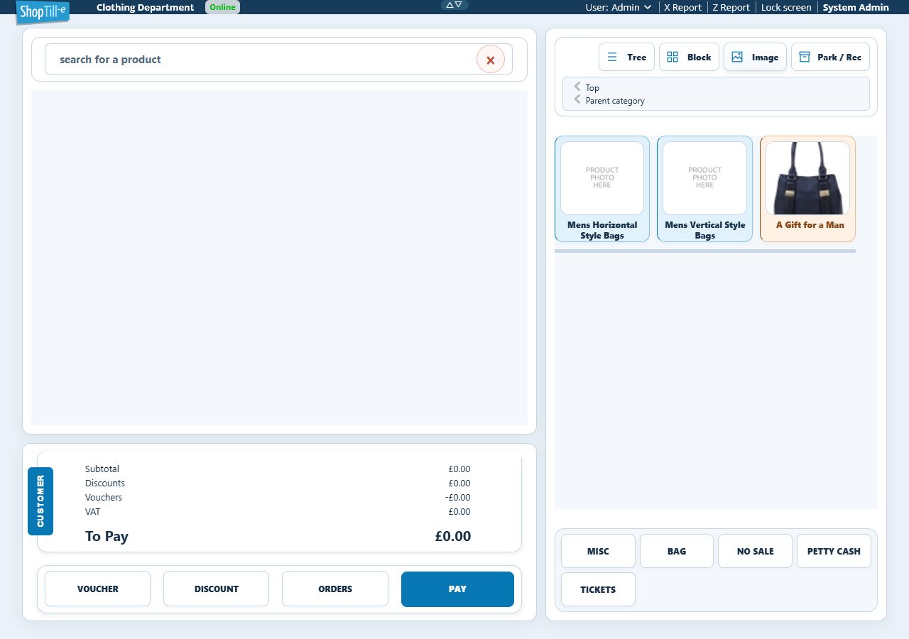 Image view showing a photographed bag product beside two category cards with image placeholders