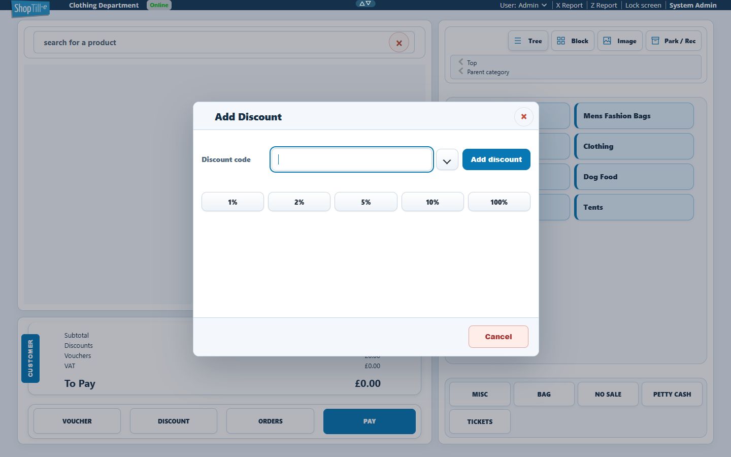 Till Add Discount panel with Discount code field, preset-picker arrow, Add discount, percentage buttons and Cancel