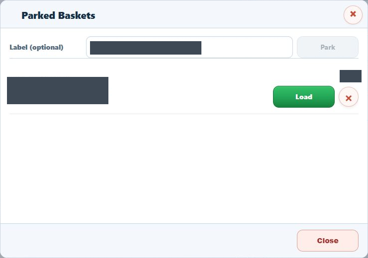 Parked Baskets panel with disabled label and Park controls for the empty active basket, plus one saved demo basket with Load
