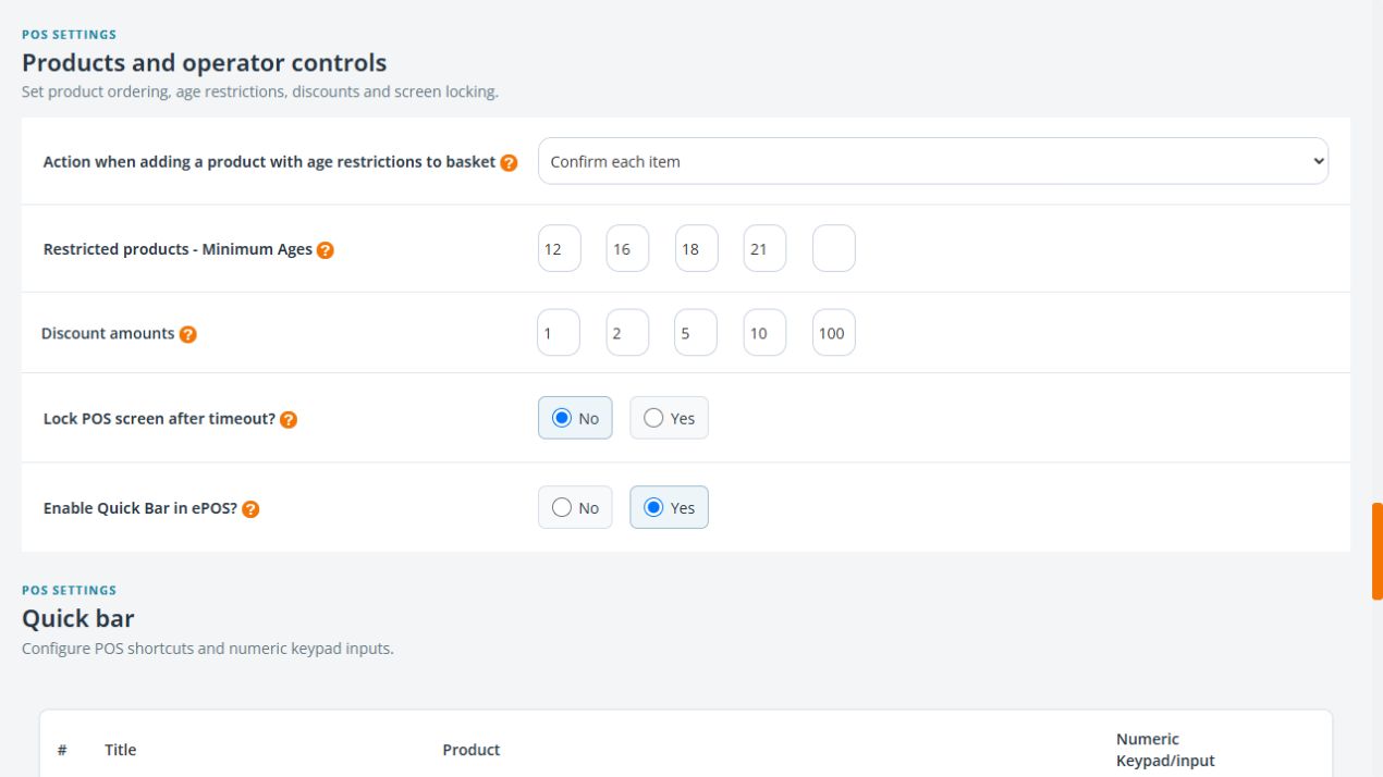 Products and operator controls section with five Discount amounts fields showing 1, 2, 5, 10 and 100