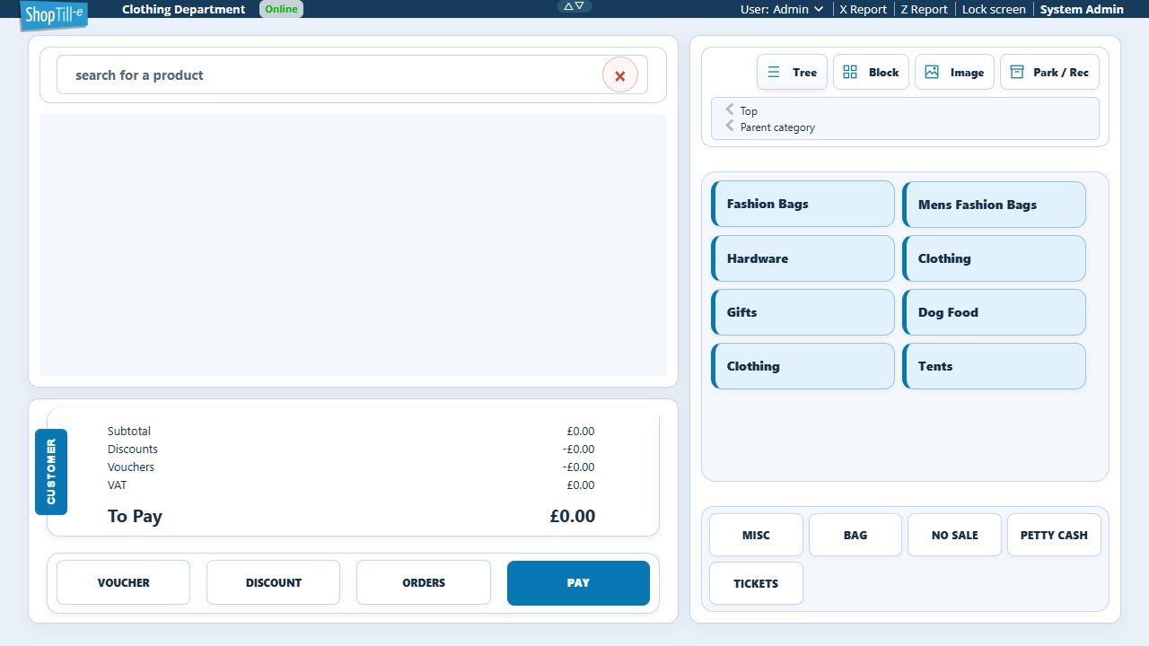Tree selected above the Retail categories, shown as compact named cards with Top and Parent category controls and an empty basket