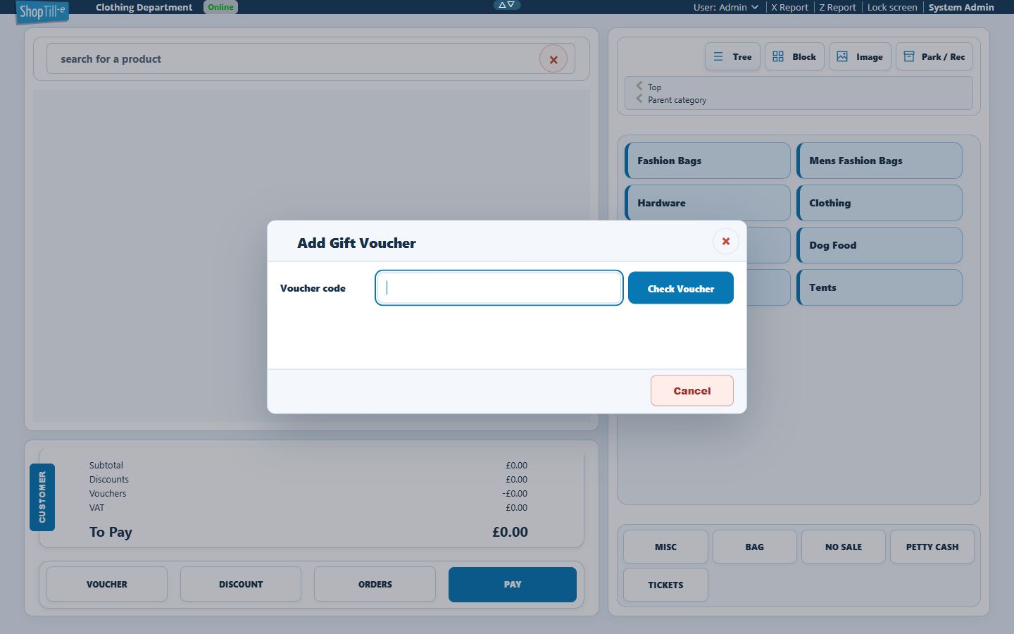 Empty Add Gift Voucher panel with Voucher code field, Check Voucher and Cancel