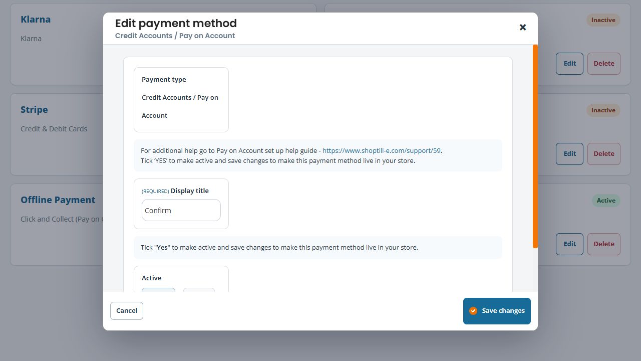 Upper part of the Credit Accounts / Pay on Account editor showing Payment type, Display title and Cancel and Save changes controls